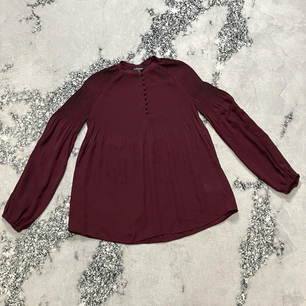 Lauren Ralph Lauren Blouse Womens Size SP Burgundy Pleated Long Sleeve NWOT